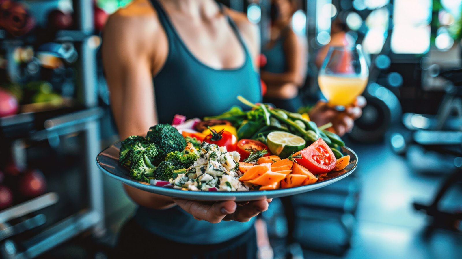 A person holds a plate filled with an array of colorful vegetables, including broccoli, tomatoes, and carrots, in a vibrant gym setting.