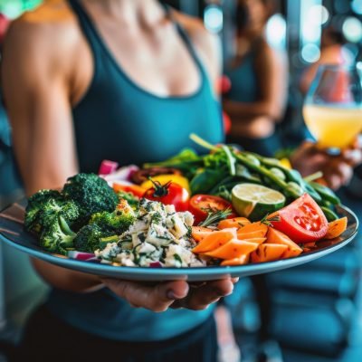 A person holds a plate filled with an array of colorful vegetables, including broccoli, tomatoes, and carrots, in a vibrant gym setting.